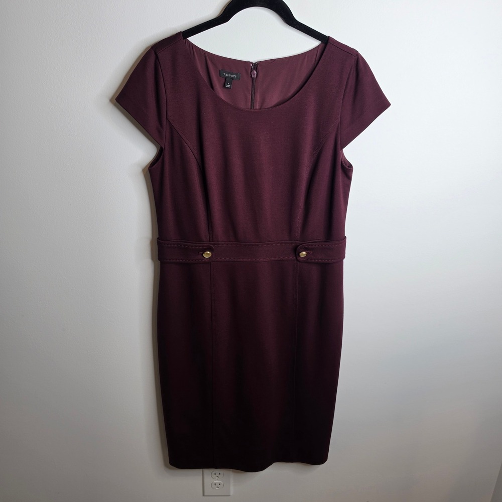 Talbots Sheath Dress Womens 6 Burgundy Cap Sleeve Gold Button Accent